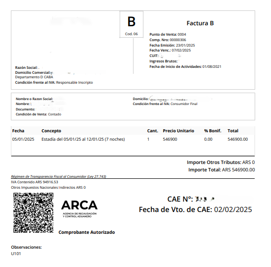 Ejemplo de Comprobante Fiscal con logo de ARCA y detalle de impuestos