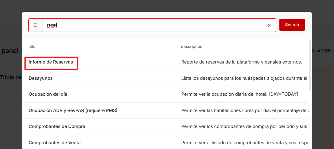 Lista de informes disponibles para visualizar