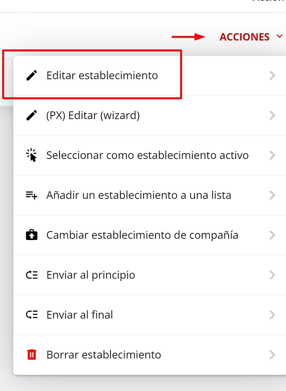 Screenshot of the product editing options