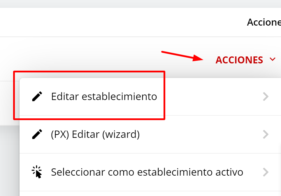 Menú de acciones con 'Editar información del producto' resaltado