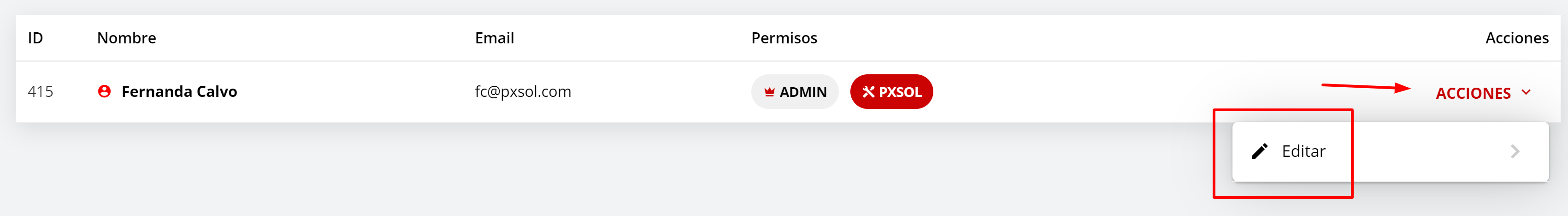 Menú de acciones de usuario