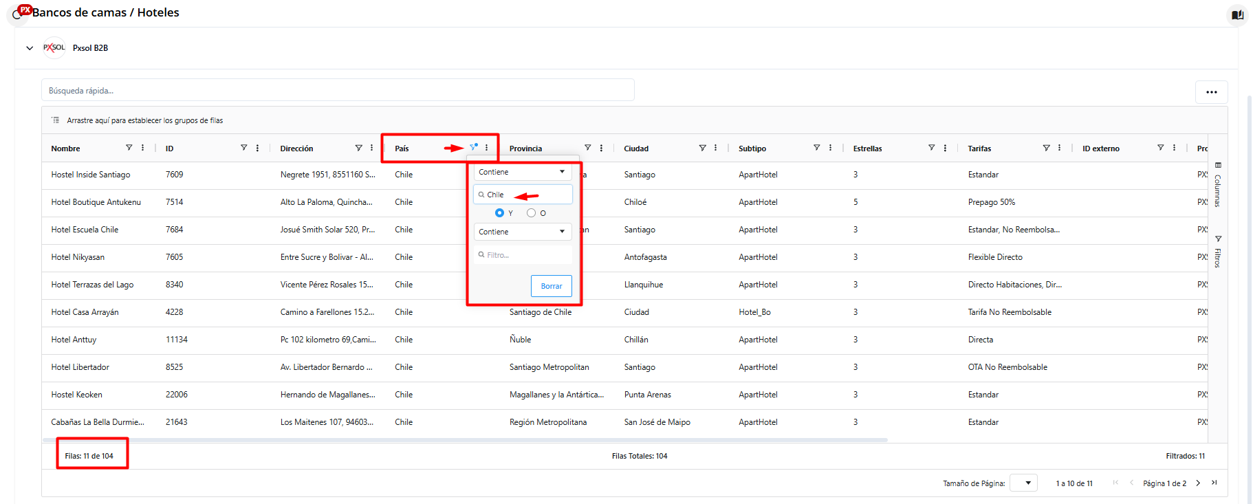 Aplicación de filtros por columna y visualización de resultados