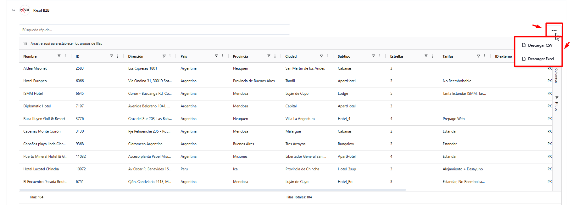 Opciones de descarga de información