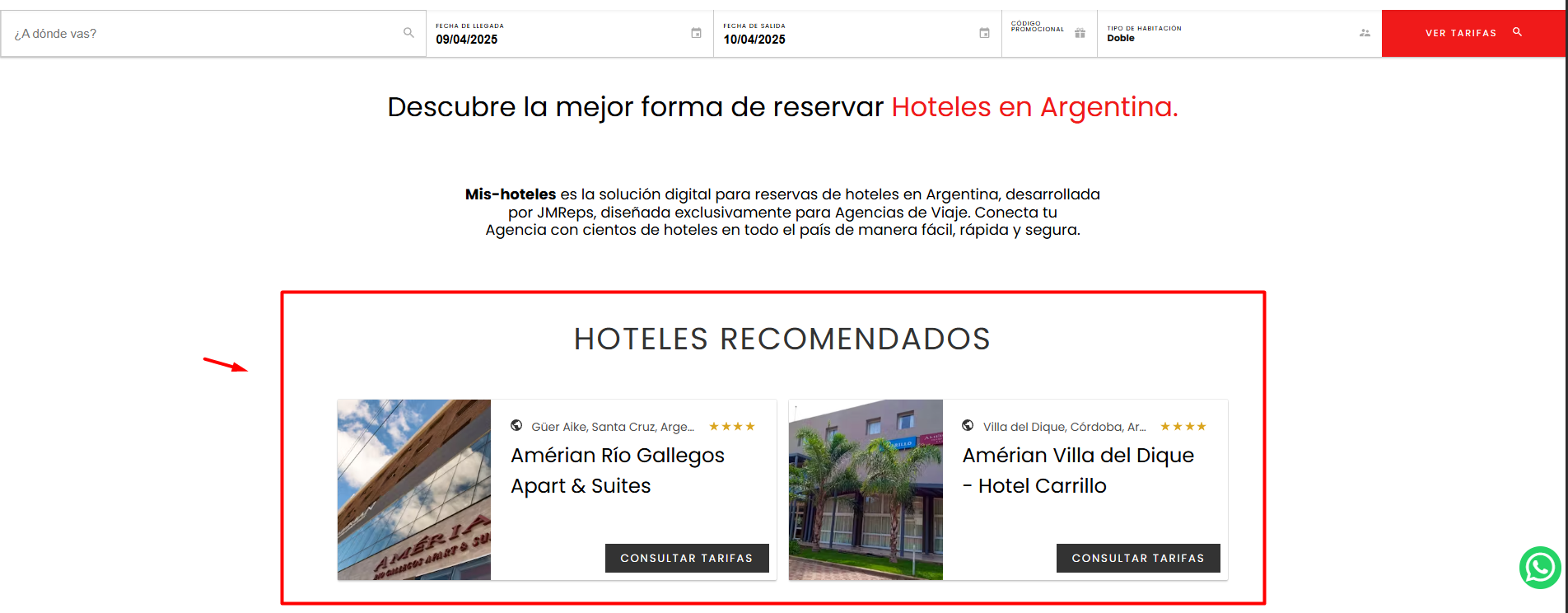 Interfaz del Marketplace con hoteles destacados