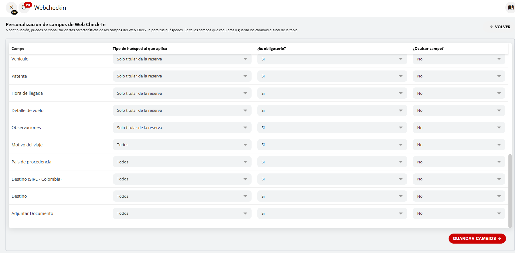 Tabla de campos disponibles para el formulario de Check-in con opciones de configuración