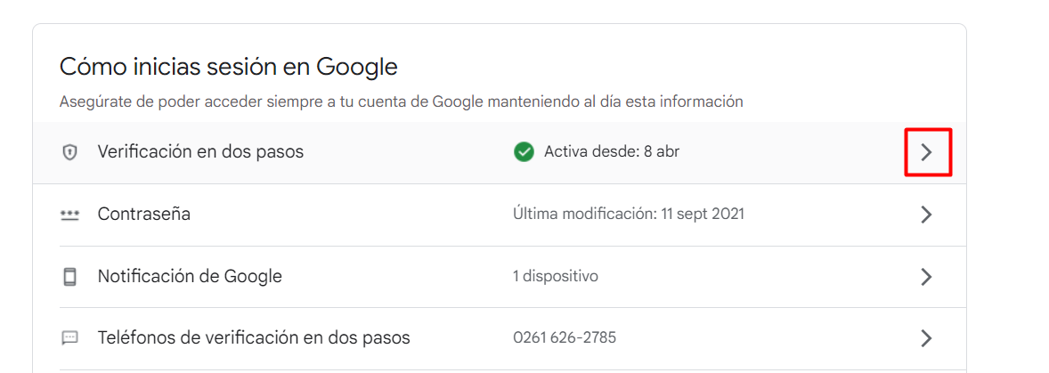 Opción 'Verificación en dos pasos'