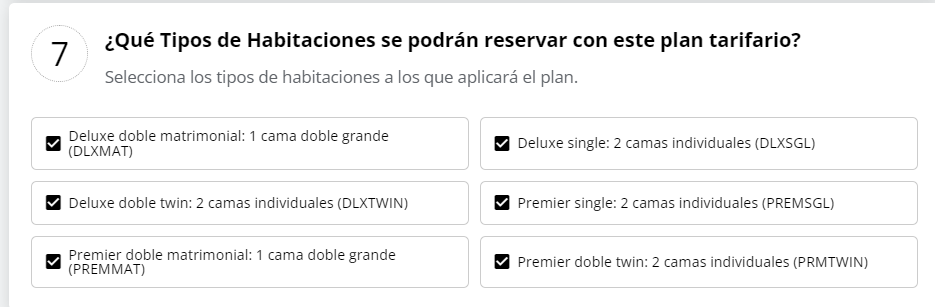 Selección de habitaciones para plan tarifario