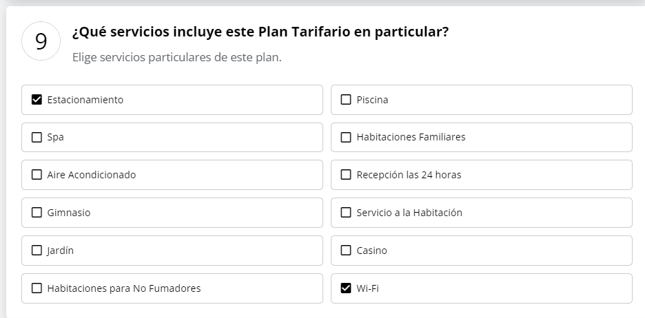 Selección de servicios para plan tarifario