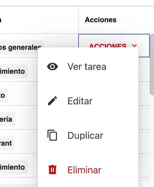 Menú de acciones de tarea