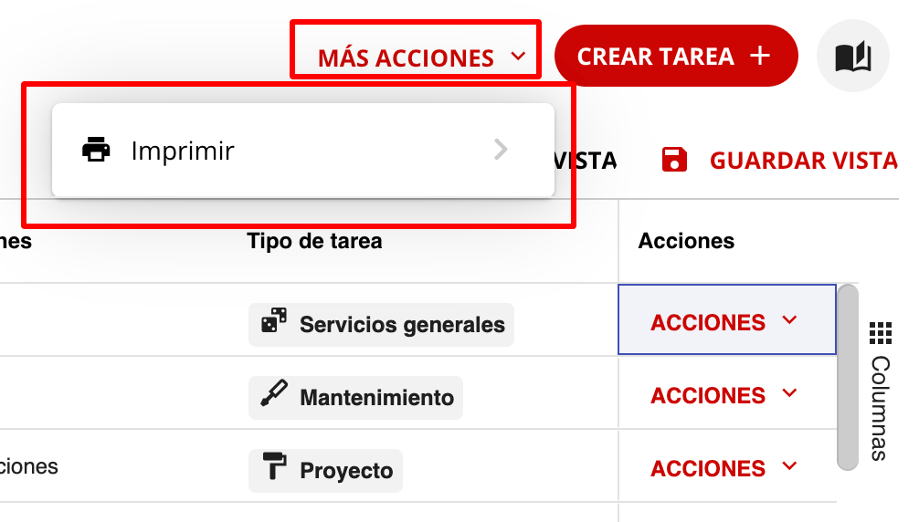 Opción de imprimir vista de tareas