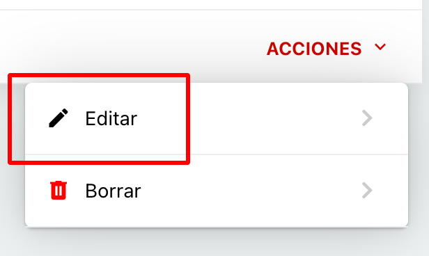 Menú de acciones y opción Editar