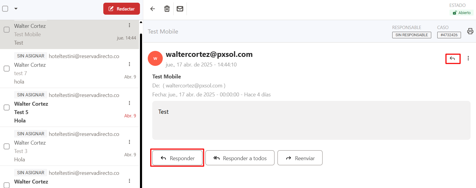Opciones de responder y responder a todos en un correo.