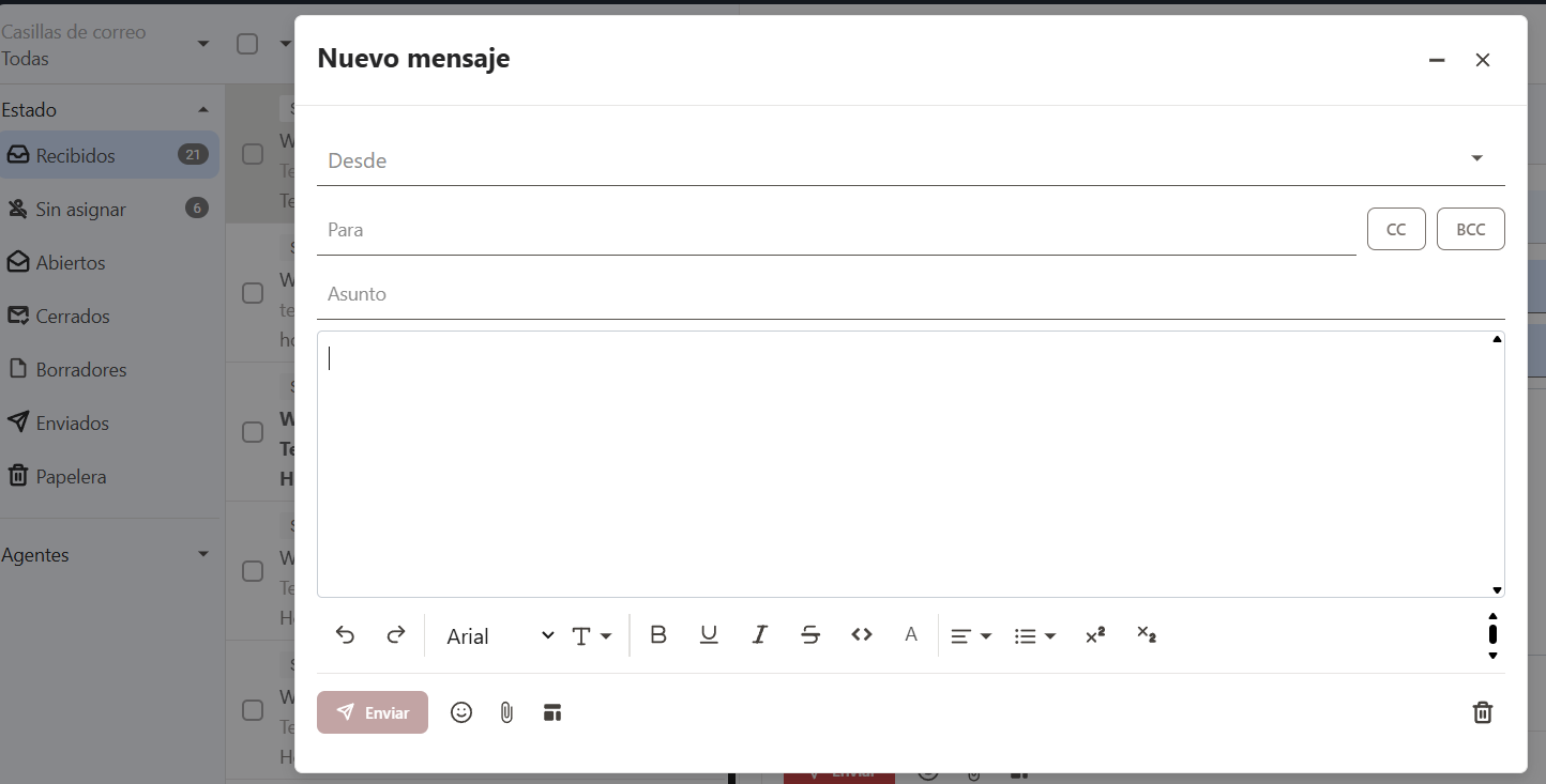 Ventana de redacción de nuevo correo con campos para destinatario, asunto y cuerpo.