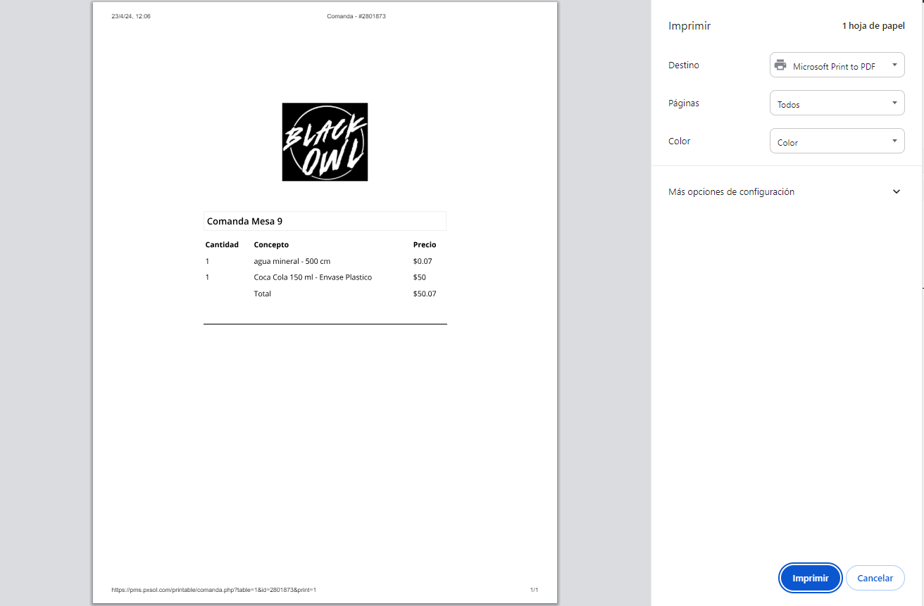Vista previa de la comanda a imprimir