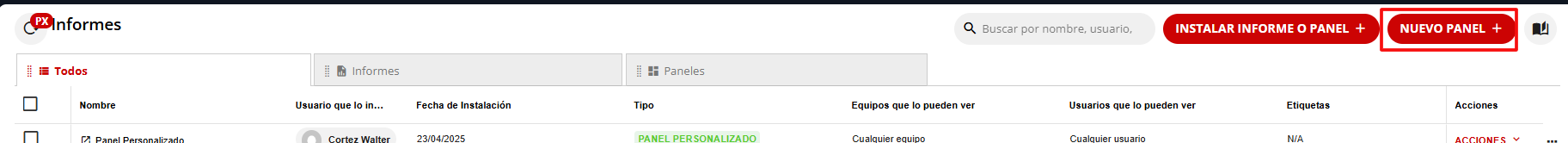 Interfaz de la aplicación para crear un nuevo panel