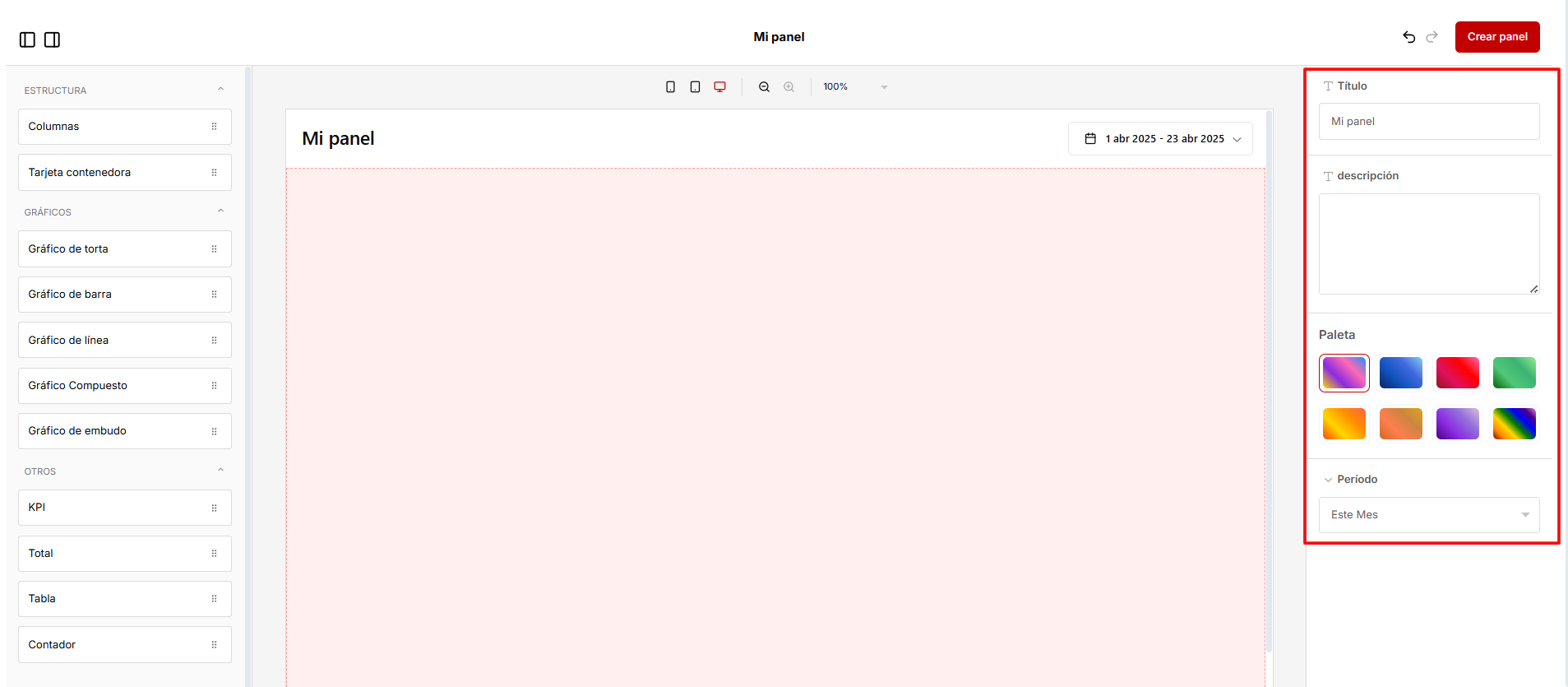 Opciones de configuración general del panel