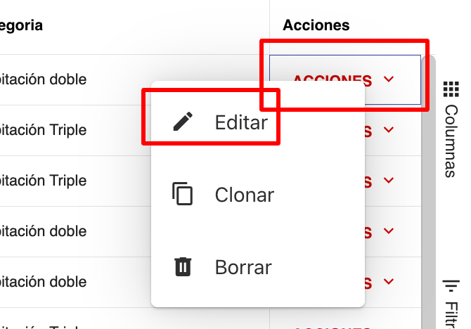 Menú de Acciones con la opción Editar seleccionada