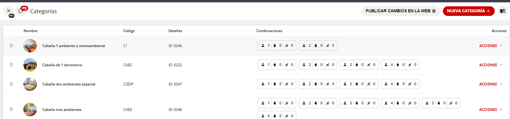 Listado de habitaciones con el ícono de Acciones resaltado