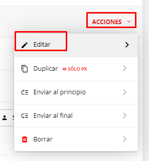 Menú de Acciones desplegado con la opción 'Editar' seleccionada