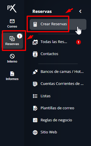 Aplicación Crear Reservas en el menú lateral