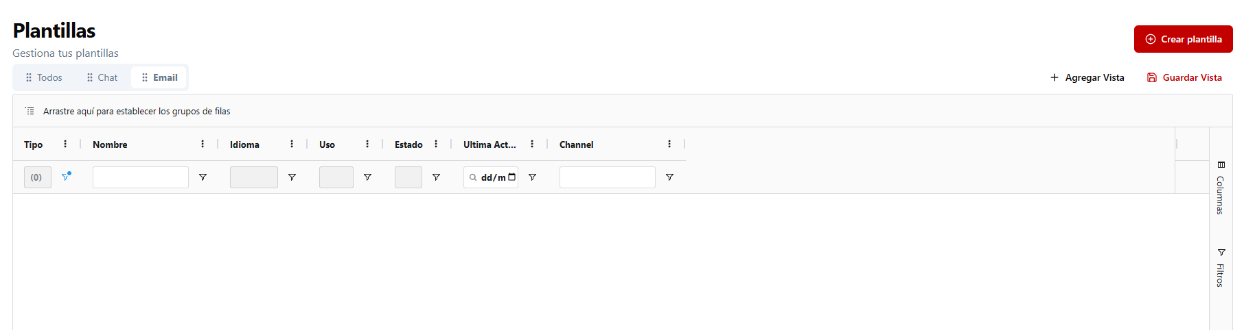 Captura de pantalla principal de la aplicación de plantillas mostrando el listado y filtros.