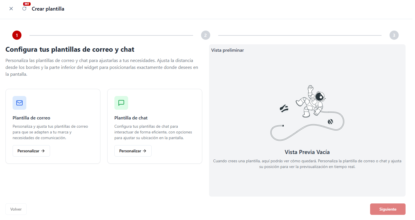 Captura de pantalla para seleccionar el tipo de plantilla (chat o email).