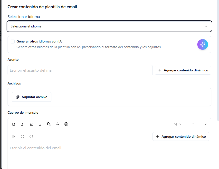 Captura de pantalla para configurar el contenido de la plantilla y usar IA para otros idiomas.