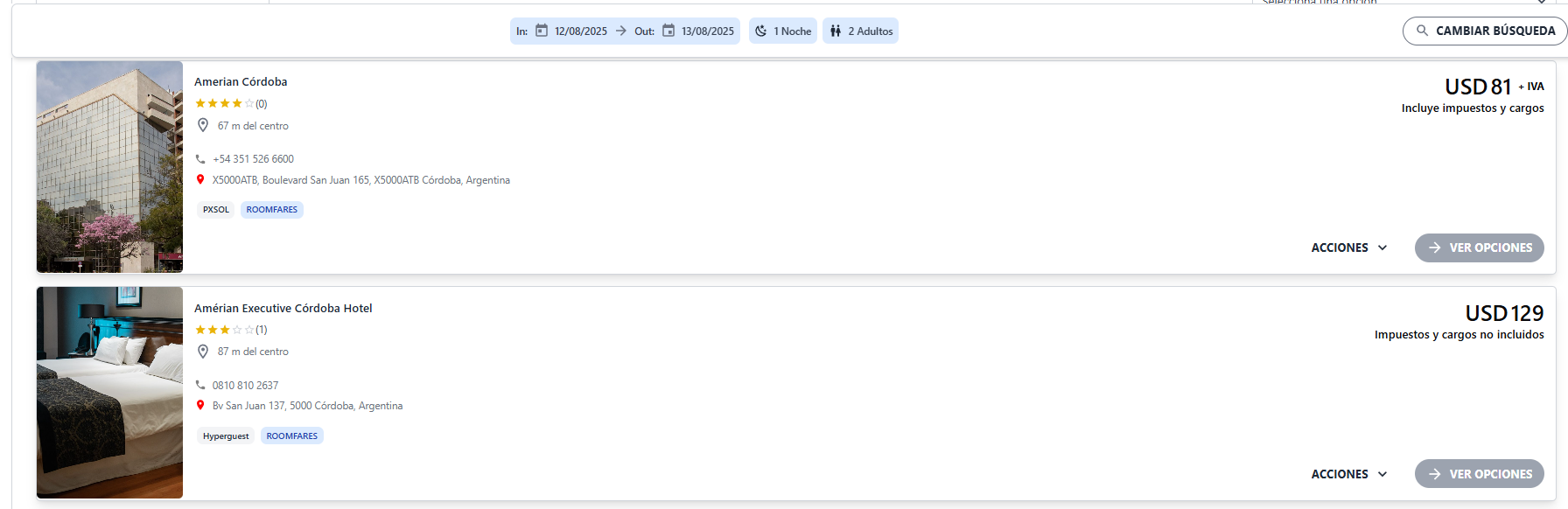 Listado de hoteles disponibles