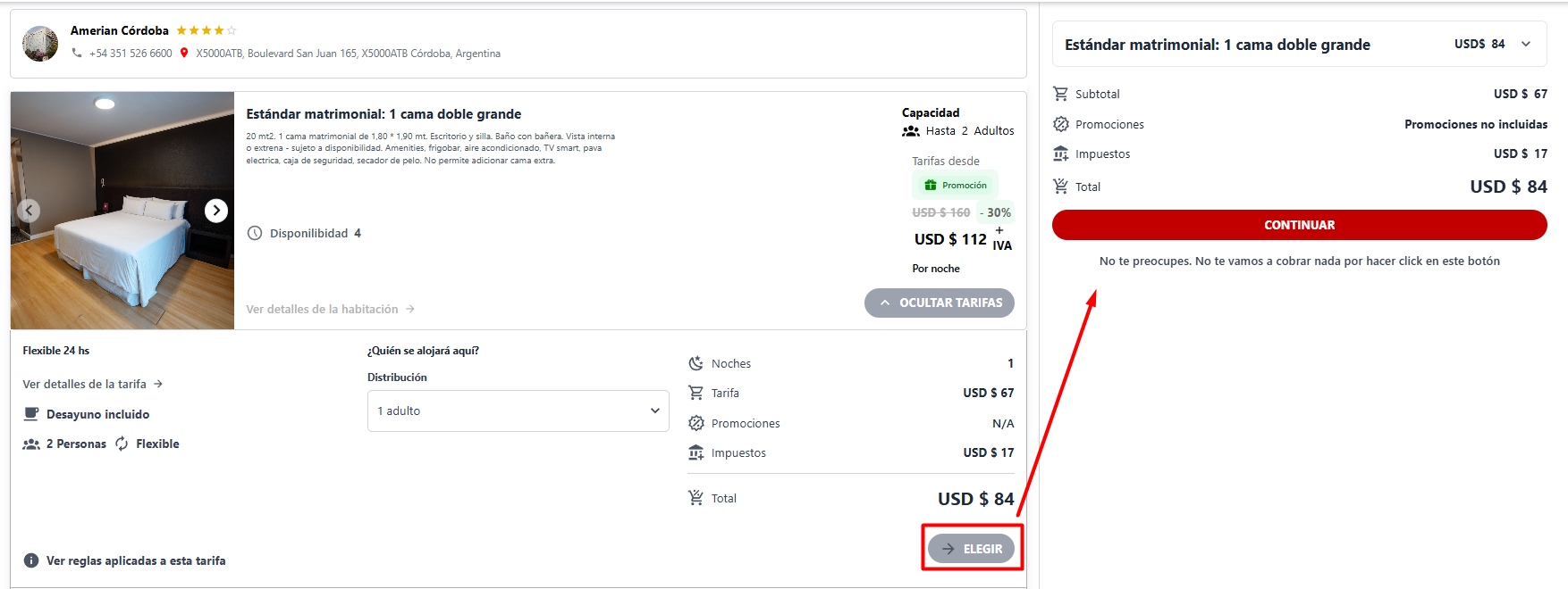Selección de habitación y tarifa
