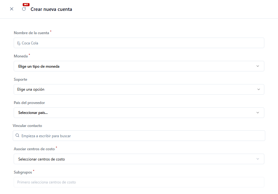 Formulario de creación de proveedor