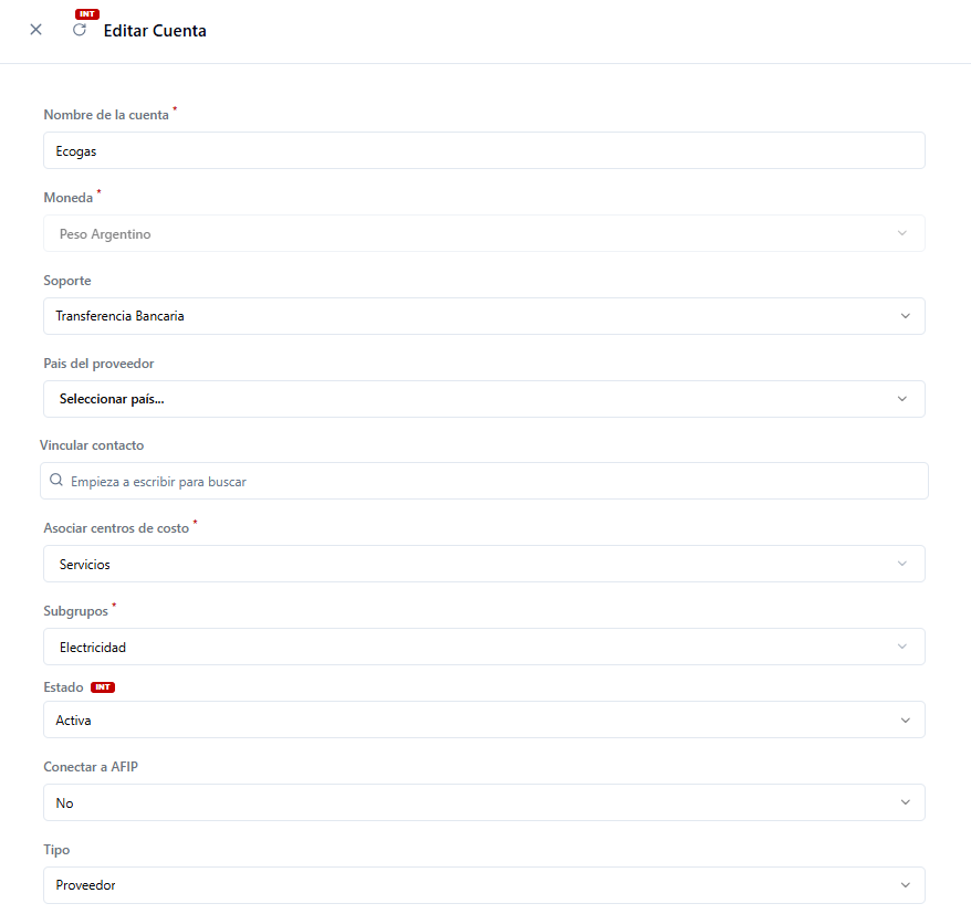 Edición de proveedor - Campos generales