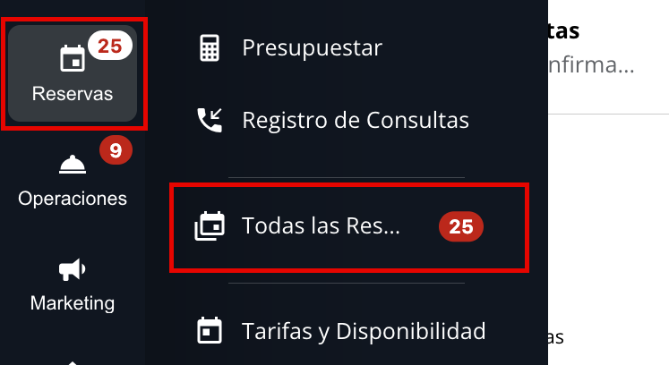 Panel PMS con opción Reservas seleccionada