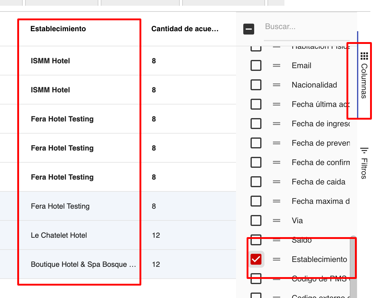 Activar columna Establecimiento