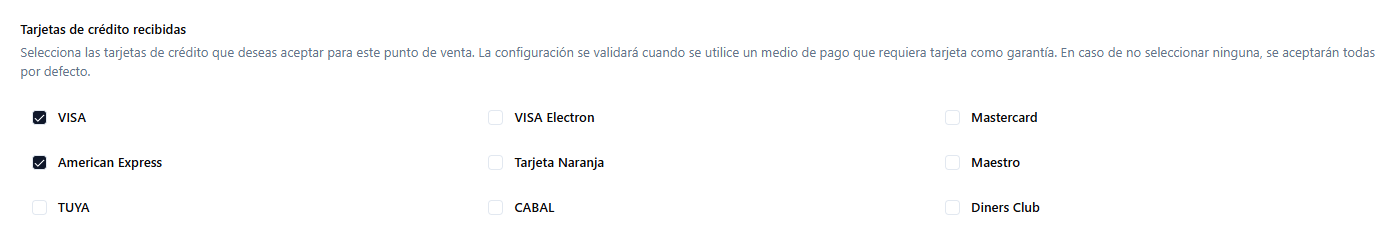 Selección de tarjetas de crédito aceptadas