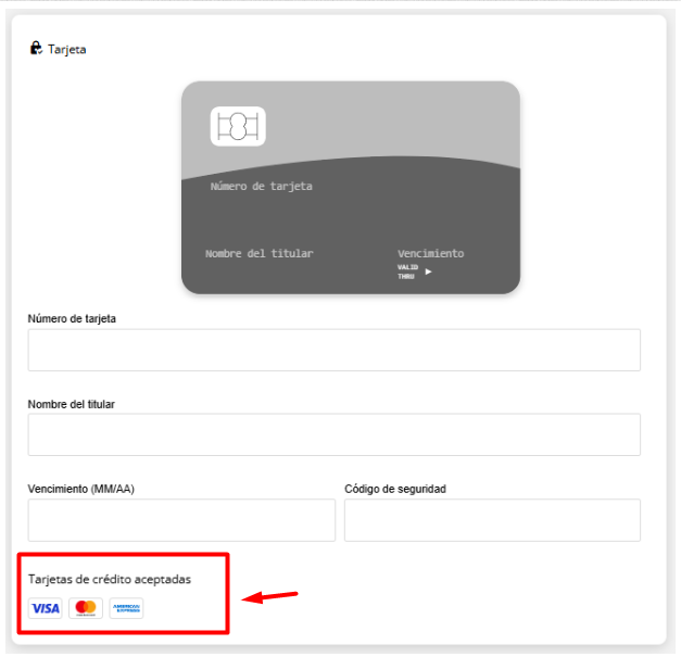 Visualización de tarjetas aceptadas en el motor de reservas