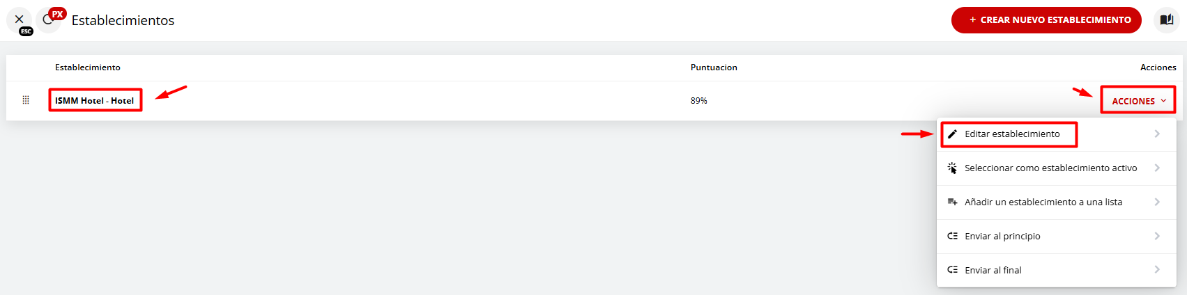 Captura de pantalla mostrando las opciones de Acción y Editar establecimiento.