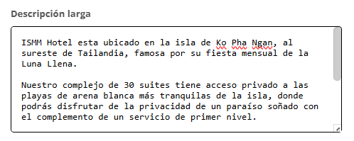 Campo de Descripción larga en la solapa TEXTOS.