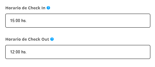 Campos de Horario de check-in y check-out en la solapa TEXTOS.