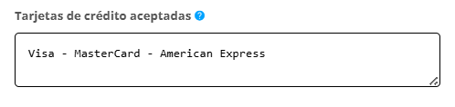 Campo de Tarjetas de crédito aceptadas en la solapa TEXTOS.