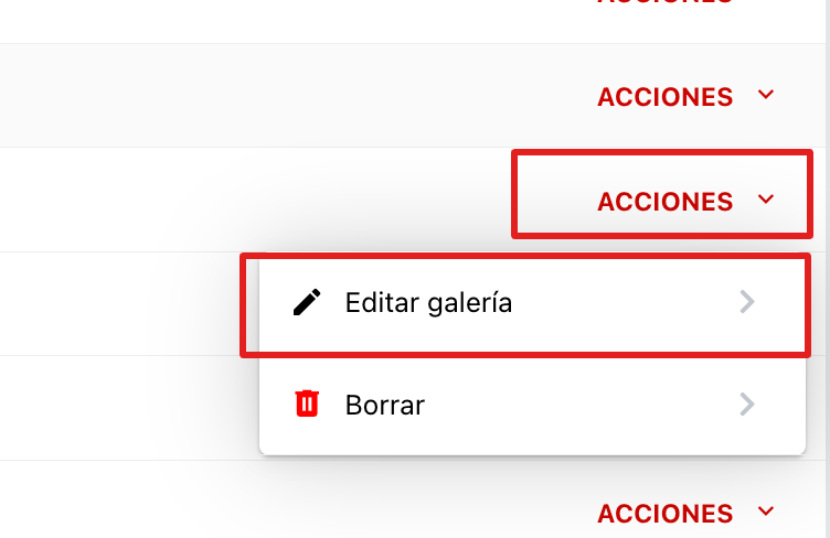 Panel de acciones de la galería mostrando la opción Editar galería