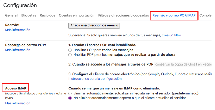 Captura de pantalla de Gmail mostrando la opción de habilitar IMAP