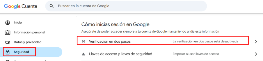 Captura de pantalla de la página de seguridad de la cuenta de Google
