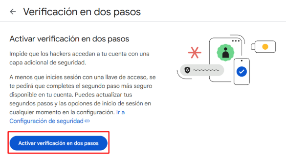 Captura de pantalla mostrando la opción de Verificación en 2 pasos