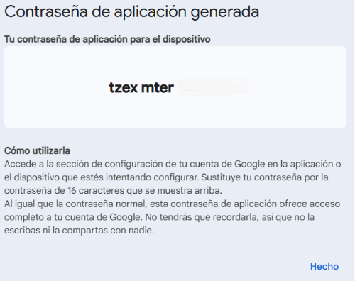 Captura de pantalla de la Contraseña de aplicación generada
