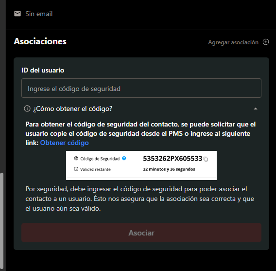 Solicitud de código de usuario