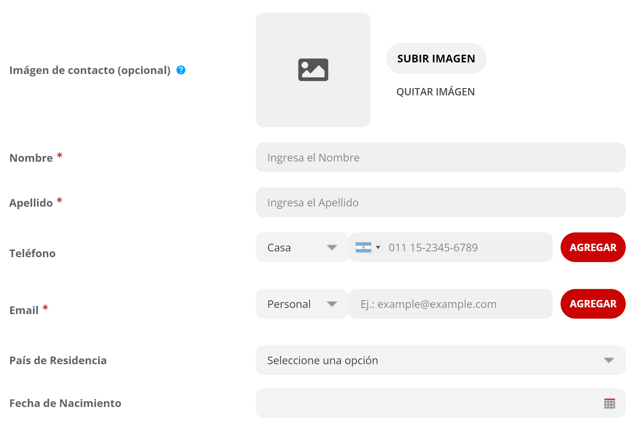 Formulario de carga básica para contacto tipo persona.
