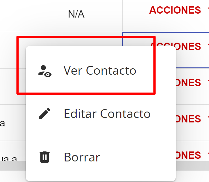 Captura de pantalla para seleccionar el menú de acciones de la derecha y ver el contacto.