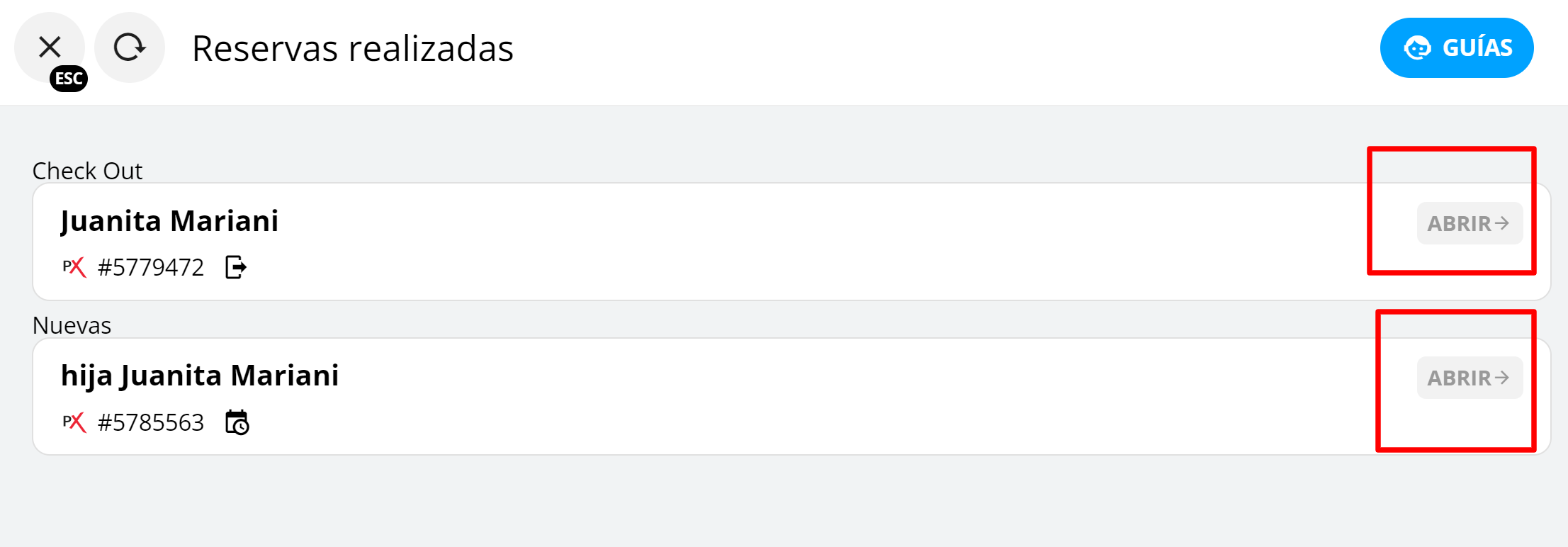 Captura de pantalla mostrando la información detallada de una reserva.