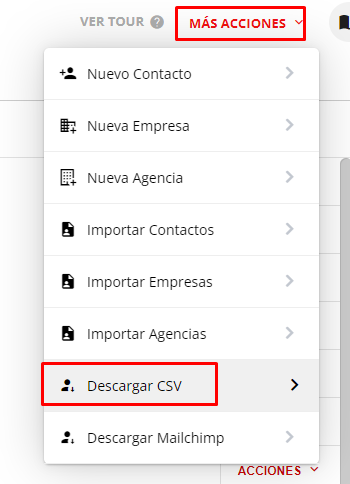 Menú 'Más Acciones' con la opción 'Descargar CSV' seleccionada