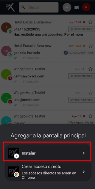 Captura de pantalla del menú del navegador con la opción 'Agregar a pantalla principal' seleccionada.